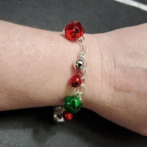 Silver tone holiday bells charm bracelet up to 7.25" red green